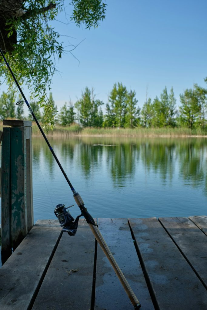 black-fishing-rod-on-brown-wooden-dock-n1ymssqnhxe